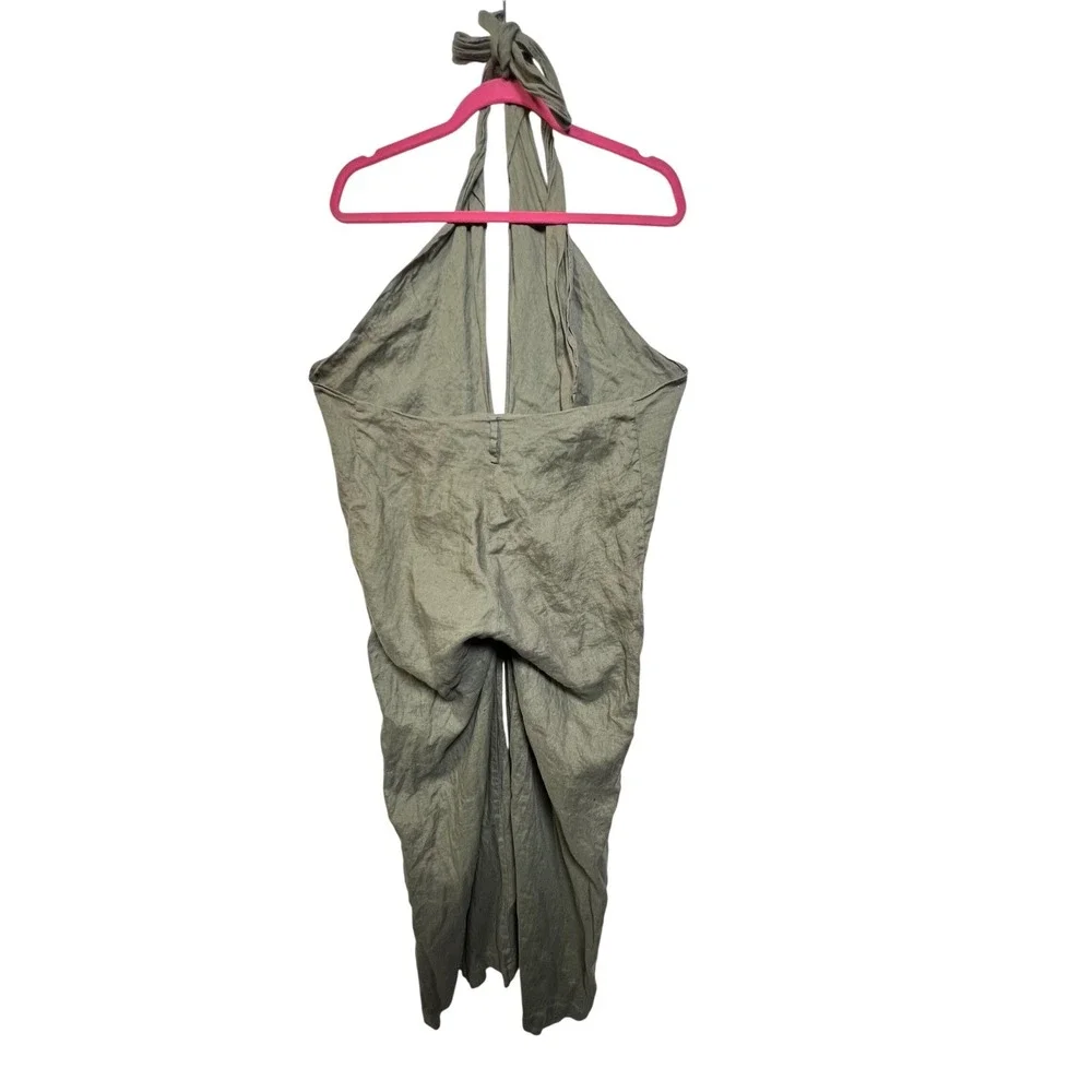 Zara‎ Womens Olive Green 100% Linen Halter Wide Leg Jumpsuit Size Medium